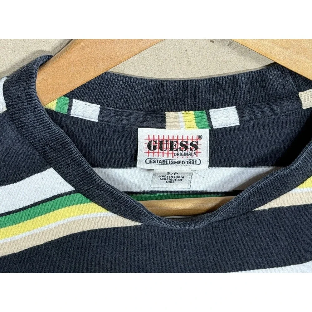 GUESS Originals Striped T-Shirt Men’s Medium Multicolor Embroidered Logo Retro - Picture 4 of 5